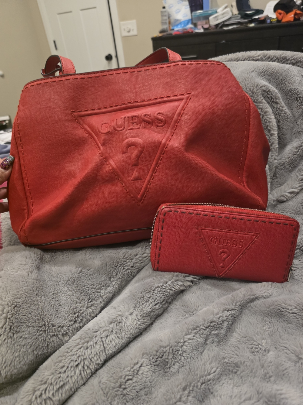 GUESS Red Embossed Logo Tote Bag with Matching Wallet